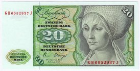 Banknoten
Die deutschen Banknoten ab 1871 nach Rosenberg
Westliche Besatzungszonen und BRD, ab 1948
20 Deutsche Mark 2.1.1980. Serie GH/J.
I