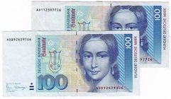 Banknoten
Die deutschen Banknoten ab 1871 nach Rosenberg
Westliche Besatzungszonen und BRD, ab 1948
2 X 100 Deutsche Mark 2.1.1989. Serie AD, Fehld...