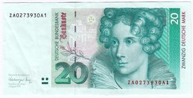 Banknoten
Die deutschen Banknoten ab 1871 nach Rosenberg
Westliche Besatzungszonen und BRD, ab 1948
18 X 20 Deutsche Mark 1.8.1991. Ersatznote ZA/A...