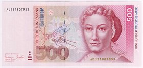 Banknoten
Die deutschen Banknoten ab 1871 nach Rosenberg
Westliche Besatzungszonen und BRD, ab 1948
500 Deutsche Mark 1993. Serie AD.
I