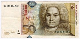 Banknoten
Die deutschen Banknoten ab 1871 nach Rosenberg
Westliche Besatzungszonen und BRD, ab 1948
50 Deutsche Mark 2.1.1996. Fehldruck: Rauten-Ho...