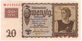Banknoten
Die deutschen Banknoten ab 1871 nach Rosenberg
Sowjetische Besatzungszone und DDR, 1948-1989
20 Mark 1948, mit Kupon auf Ros. 178.
I-
