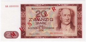 Banknoten
Die deutschen Banknoten ab 1871 nach Rosenberg
Sowjetische Besatzungszone und DDR, 1948-1989
20 Mark 1964. Aufdruck "Muster" in rot 8 mm....