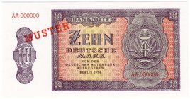 Banknoten
Die deutschen Banknoten ab 1871 nach Rosenberg
Sowjetische Besatzungszone und DDR, 1948-1989
10 Mark 1954. Muster AA 000000.
I