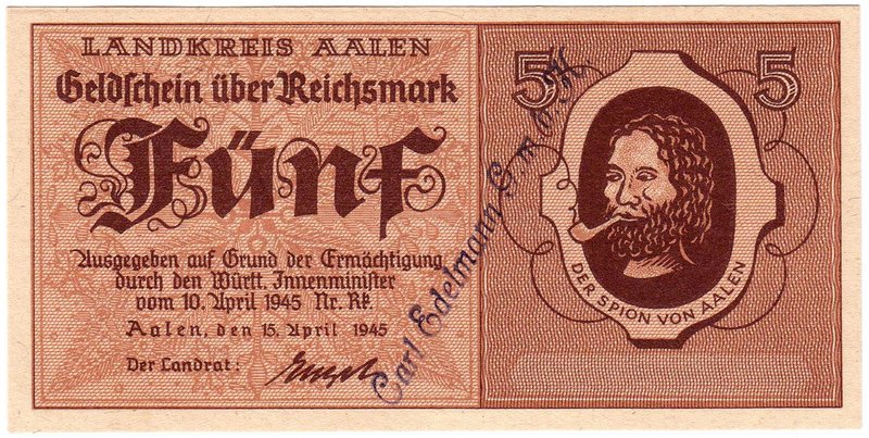Banknoten
Deutsches Notgeld und KGL
Aalen
Aalen: 5 Reichsmark 15.4.1945, mit ...