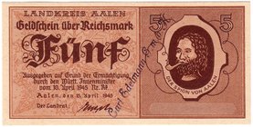 Banknoten
Deutsches Notgeld und KGL
Aalen
Aalen: 5 Reichsmark 15.4.1945, mit Stempel Carl Edelmann GmbH.
I-, selten