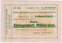 Banknoten
Deutsches Notgeld und KGL
Bad Salzuflen (Lippe)
Einhundert Milliarden Mark 17.11.1923. Mit handgeschr. Nr. und Datumsstempel.
I-, äußers...