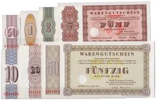 Banknoten
Deutsches Notgeld und KGL
Bethel
7 Warengutscheine; 2 und 5 Mark 1. Januar 1958, 50 Pfennig, 1, 10, 20 und 50 DM 1. Juli 1973.
alle I