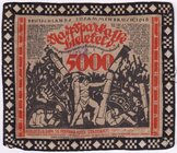 Banknoten
Deutsches Notgeld und KGL
Bielefeld (Westfalen), Notgeld besonderer Art
5000 Mark Jute 15.02.1923, mit extrem seltener Borte.
I