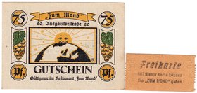 Banknoten
Deutsches Notgeld und KGL
Bremen
Theo Schmetz, Restaurant "Zum Mond". 75 Pfennig o.J., dazu Freikarte für das Restaurant.
I-II