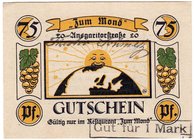 Banknoten
Deutsches Notgeld und KGL
Bremen
Theo Schmetz, Restaurant "Zum Mond". 75 Pfennig o.J., mit Stempel "Gut für 1 Mark".
I-