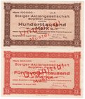 Banknoten
Deutsches Notgeld und KGL
Burgrieden (Württemberg)
Steiger-Aktiengesellschaft: 2 Scheine, 100 T. und 500 T. Mark 15.8.1923. Beide mit Ung...