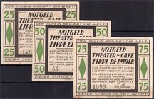 Banknoten
Deutsches Notgeld und KGL
Detmold
3 Scheine des Detmolder Theater Cafes, 1.10.1921. 25 Pf., 50 Pf., 75 Pf. 2 X leichte Stockflecken.
II-...