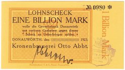 Banknoten
Deutsches Notgeld und KGL
Donauwörth
Kronenbrauerei Otto Abbt. 1 Billion Mark o.D. 1923. Bei Keller gibt es nur 20 und 100 Mrd. Mark ohne...