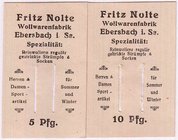 Banknoten
Deutsches Notgeld und KGL
Ebersbach
2 Scheine Briefmarkennotgeld: 5 und 10 Pf. Fritz Nolte Wollwarenfabrik, jeweils mit zwei Schlitzen (B...