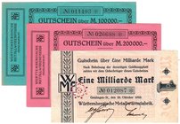 Banknoten
Deutsches Notgeld und KGL
Geislingen
3 Scheine der Württembergische Metallwaren-Fabrik: 100 T. und 200 T. Mark 4.8.1923, 1 Mrd. Mark 25.1...