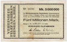 Banknoten
Deutsches Notgeld und KGL
Giengen a. Brenz
Vereinigte Filzfabriken, 5 Mio. Mark 20.9.1923. Im Keller nur mit dem Datum 1.10.
III, leicht...