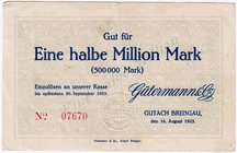 Banknoten
Deutsches Notgeld und KGL
Gutach i. Breisgau (Baden)
Gütermann & Co. Eine halbe Million Mark 30.9.1923. III, etwas fleckig, sehr selten