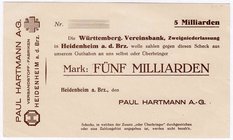 Banknoten
Deutsches Notgeld und KGL
Heidenheim
Paul Hartmann A.-G., 5 Mrd. Mark Blankoschein o.D. und ohne Unterschriften I-, selten
