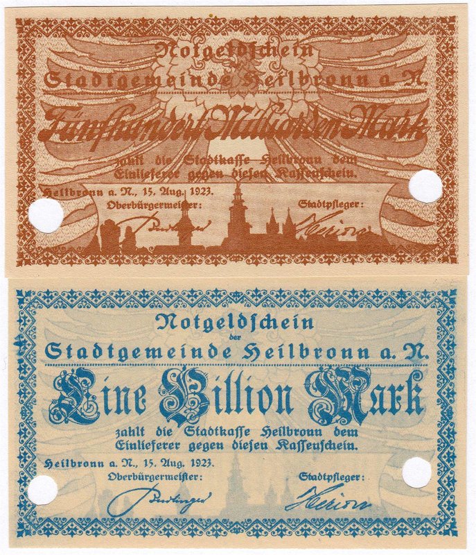 Banknoten
Deutsches Notgeld und KGL
Heilbronn
2 Musterscheine der Stadt: 500 ...