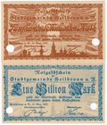 Banknoten
Deutsches Notgeld und KGL
Heilbronn
2 Musterscheine der Stadt: 500 Mrd. und 1 Billion Mark 15.8.1923. Blanco Muster mit Lochentwertung.
...