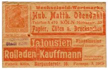 Banknoten
Deutsches Notgeld und KGL
Köln
Rolladen Kauffmann. Briefmarkennotgeld 10 Pfennig, Germania orange, 1921. Mit Original-Pergamenttütchen.
...