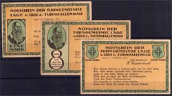 Banknoten
Deutsches Notgeld und KGL
Lage
Turngemeinde Lage von 1862: 3 X 1 Mark Oktober 1921. 1. Ich zieh hinaus, 2. Nimm dich in acht, 3. Wer dies...