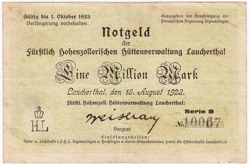Banknoten
Deutsches Notgeld und KGL
Laucherthal
Fürstlich Hohenzollersche Hüt...