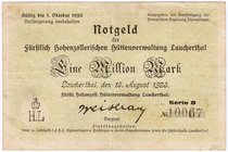 Banknoten
Deutsches Notgeld und KGL
Laucherthal
Fürstlich Hohenzollersche Hüttenverwaltung. 1 Millionen Mark 15.08.1923. Fürstl. Hohenzoll. Hüttenv...