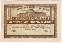 Banknoten
Deutsches Notgeld und KGL
Leonberg (Württ.)
20 Milliarden Mark o.D. bis 31.03.24, Amtskörperschaft,
I-II, min. Stockfleckig, selten
