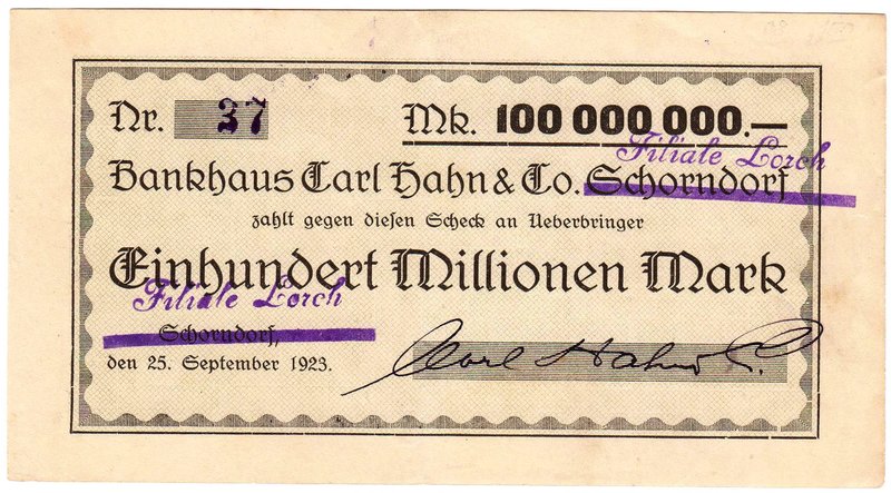 Banknoten
Deutsches Notgeld und KGL
Lorch (Württemberg)
Bankhaus Carl Hahn & ...