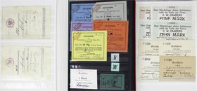 Banknoten
Lots
Deutschland, Lots von deutschen Notgeldscheinen
Über 1100 Notgeldscheine, Dubletten einer alten unsortierten Sammlung in 3 Alben, mi...