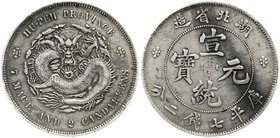 CHINA und Südostasien
China
Qing-Dynastie. Pu Yi (Xuan Tong), 1908-1911
Dollar (Yuan) o.J. (1909) Provinz Hu-Peh. sehr schön, Kratzer, Chopmarks