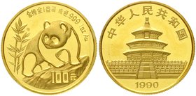 CHINA und Südostasien
China
Volksrepublik, seit 1949
100 Yuan Panda GOLD 1990. Panda auf Felsen. 1 Unze Feingold. Large Date. Original verschweißt....