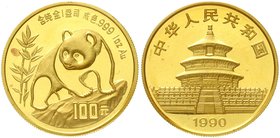 CHINA und Südostasien
China
Volksrepublik, seit 1949
100 Yuan Panda GOLD 1990. Panda auf Felsen. 1 Unze Feingold. Large Date. Original verschweißt ...