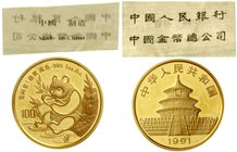 CHINA und Südostasien
China
Volksrepublik, seit 1949
100 Yuan GOLD 1991. Panda mit Bambuszweig an Gewässer sitzend. 1 Unze Feingold. Large Date.
S...
