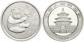 CHINA und Südostasien
China
Volksrepublik, seit 1949
10 Yuan Panda (1 Unze Silber) 2000. Sitzender Panda mit Bambuszweig.
Stempelglanz