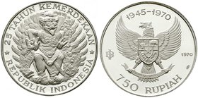 CHINA und Südostasien
Indonesien
Republik, seit 1950
750 Rupien, Silber 1970. 25 Jahre Unabhängigkeit, Mythischer Vogel Garuda.
Polierte Platte
