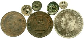 CHINA und Südostasien
Kambodscha
Lots
7 Münzen, u.a. 10 Centimes und 4 Francs 1860 sowie eine Prägung für Indochina.
gering erhalten bis sehr schö...