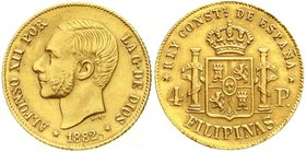 CHINA und Südostasien
Philippinen
Alfonso XII. 1874-1885
4 Pesos GOLD 1882. 6,74 g. 875/1000.
vorzüglich, kl. Randfehler, selten