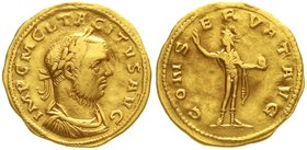 Römische Goldmünzen
Kaiserzeit
Tacitus, 275-276
Aureus 275/276, Antiochia ? Drap., belorb. Brb. r./CONSERVAT AVG. Sol steht mit Globus, die Rechte ...
