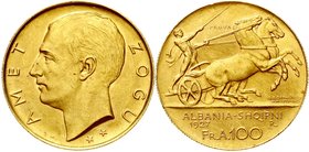 Ausländische Goldmünzen und -medaillen
Albanien
Republik, 1912-1928
100 Franga Ari PROBE 1927. Ahmed Zogu (Präsident), Kopf mit 2 Sternen n.l./Biga...