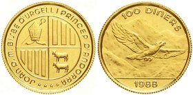 Ausländische Goldmünzen und -medaillen
Andorra
Joan Marti Alanis, 1971-2003
100 Diners 1988. Fliegender Adler vor Gebirge. 5,00 g. Feingold. Auflag...
