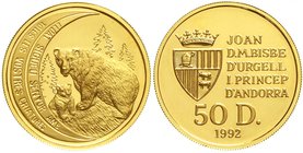 Ausländische Goldmünzen und -medaillen
Andorra
Joan Marti Alanis, 1971-2003
50 Diners 1992. Braunbär. 1/2 Unze Feingold. Auflage nur 2500 Ex.
Poli...