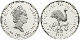 Ausländische Goldmünzen und -medaillen
Australien
Elisabeth II., seit 1952
40 Dollars PALLADIUM (1 Unze) 1996, Emu. In Originalschatulle (etwas bes...