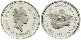 Ausländische Goldmünzen und -medaillen
Australien
Elisabeth II., seit 1952
15 Dollars PLATIN (1/10 Unze) 1996 Koala. Im Originaletui mit Zertifikat...