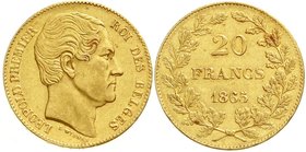 Ausländische Goldmünzen und -medaillen
Belgien
Leopold I., 1831-1865
20 Francs 1865. L WIENER. 6,45 g. 900/1000.
vorzüglich