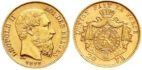 Ausländische Goldmünzen und -medaillen
Belgien
Leopold II., 1865-1909
20 Francs 1877. 6,45 g. 900/1000.
vorzüglich/Stempelglanz