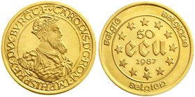 Ausländische Goldmünzen und -medaillen
Belgien
Baudouin, 1951-1993
50 ECU 1987. Kaiser Karl V. 1/2 Unze Feingold.
BU