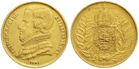 Ausländische Goldmünzen und -medaillen
Brasilien
Pedro II., 1831-1889
20000 Reis 1851. Brustb. mit Halskrause. 17,93 g. 917/1000.
sehr schön/vorzü...